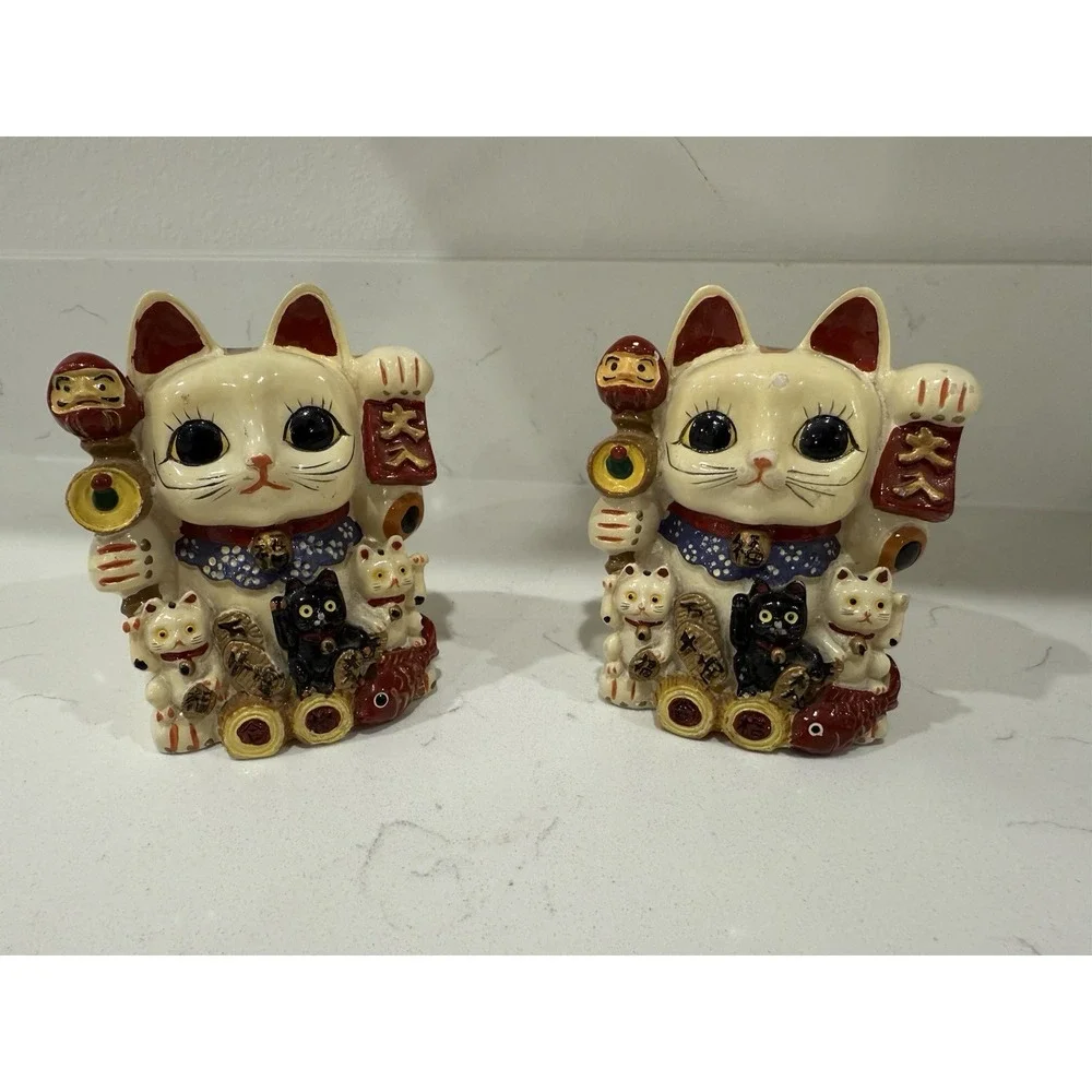 Lot Of 2 Japanese Maneki Neko Lucky Cat Coin Bank Koneko Ceramic 4